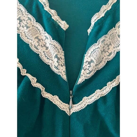 Vintage 80s Vassarette Teal Nightgown Housecoat Lace Trim & Long Sleeves Size M - Picture 2 of 5